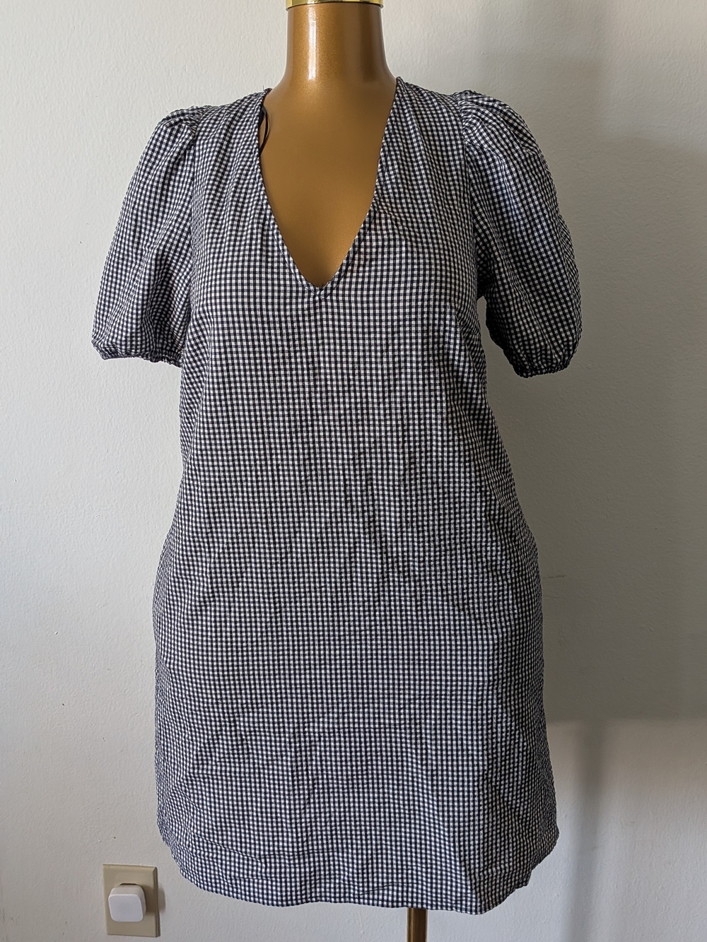 A New Day Gingham Puff Sleeve V-Neck Mini Dress Black White- Medium